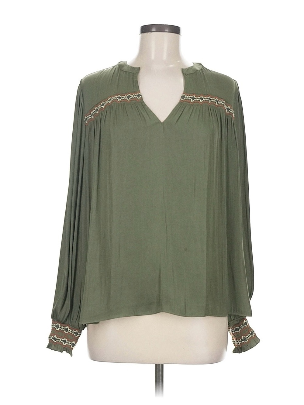 Current Air Olive Green V-Neck Peasant Blouse with Embroidered Trim